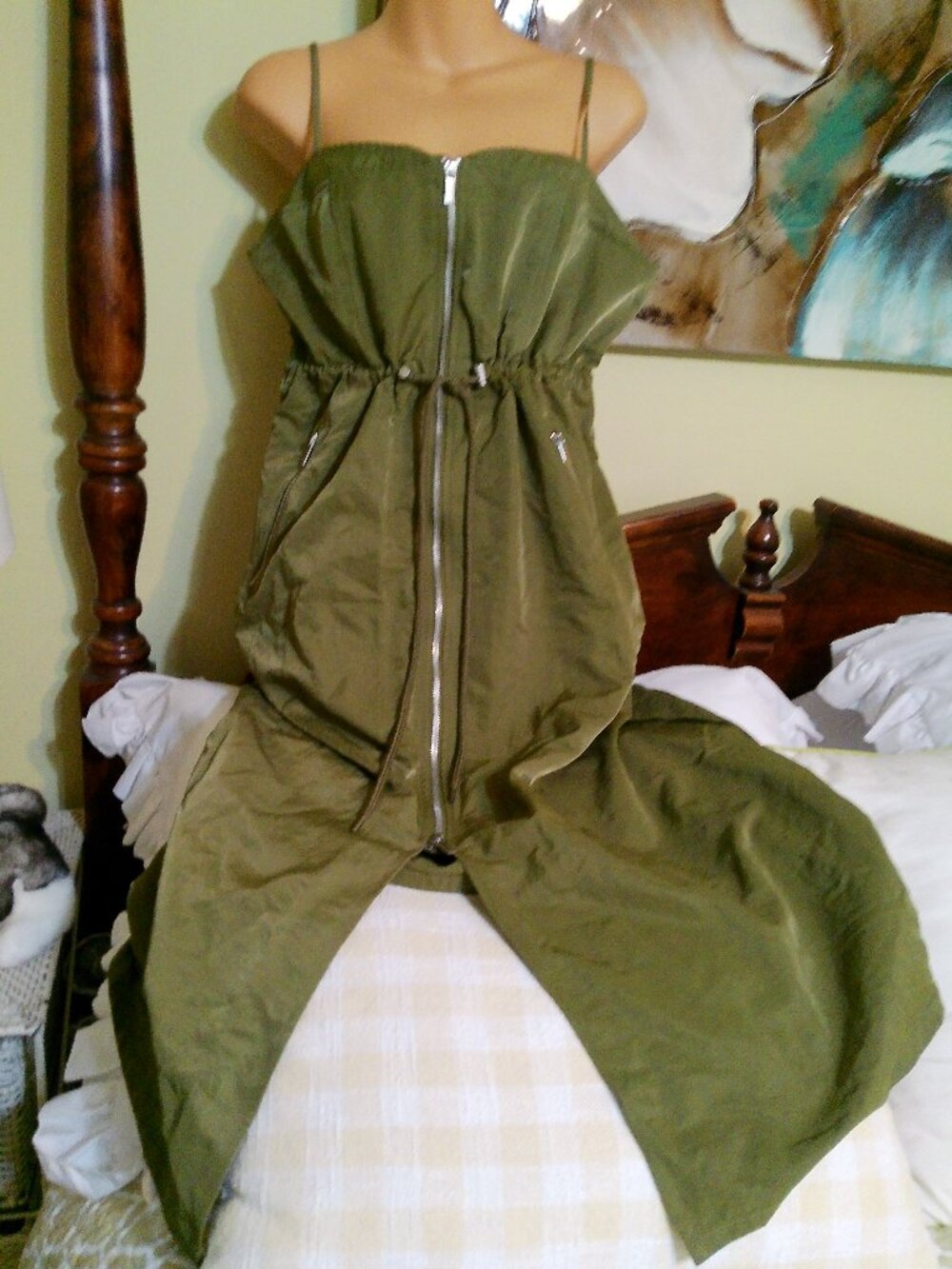 Olive Green Strapless Zip-Front Maxi Dress